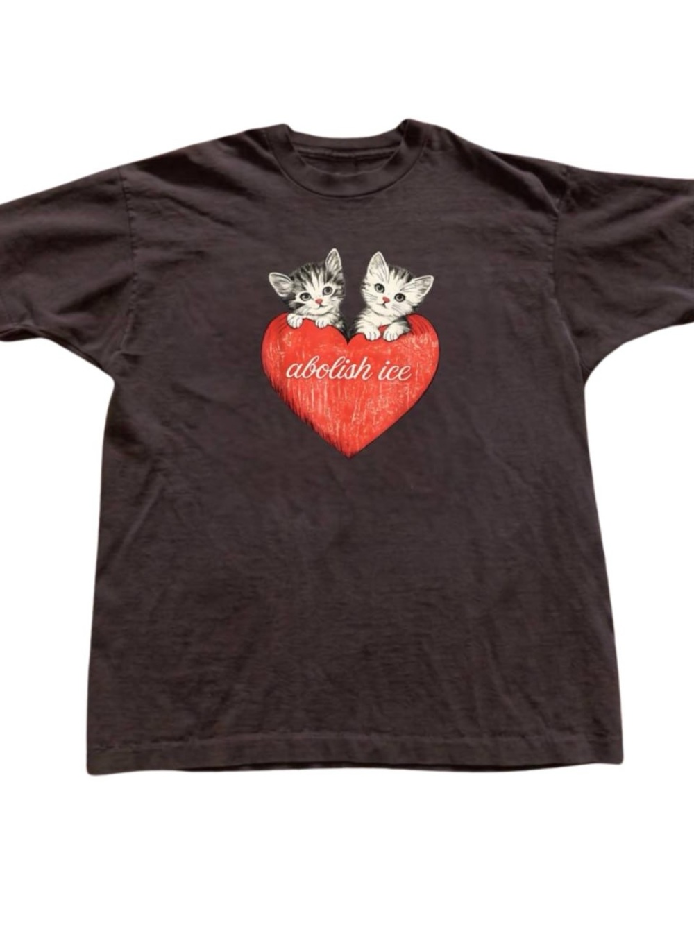 Brown Short-Sleeve Tee with Red Heart & Kitten Graphic